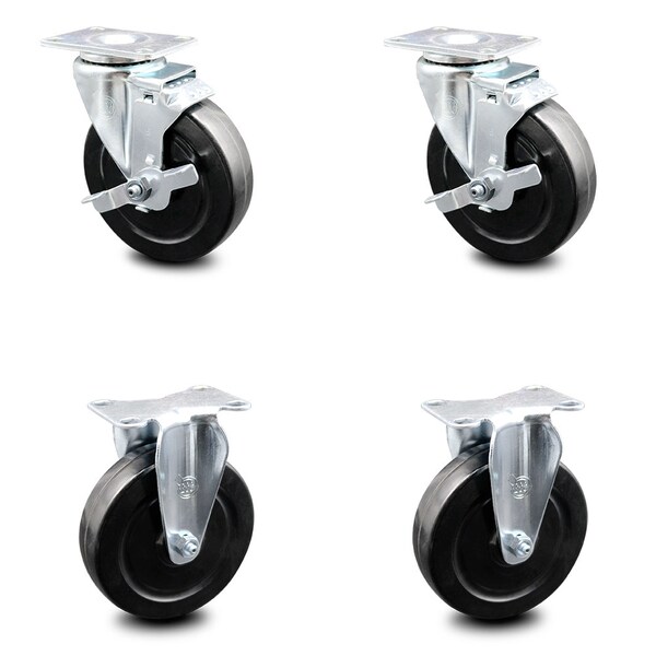 5 Inch Hard Rubber Wheel Swivel Top Plate Caster Set with 2 Brake 2 Rigid SCC